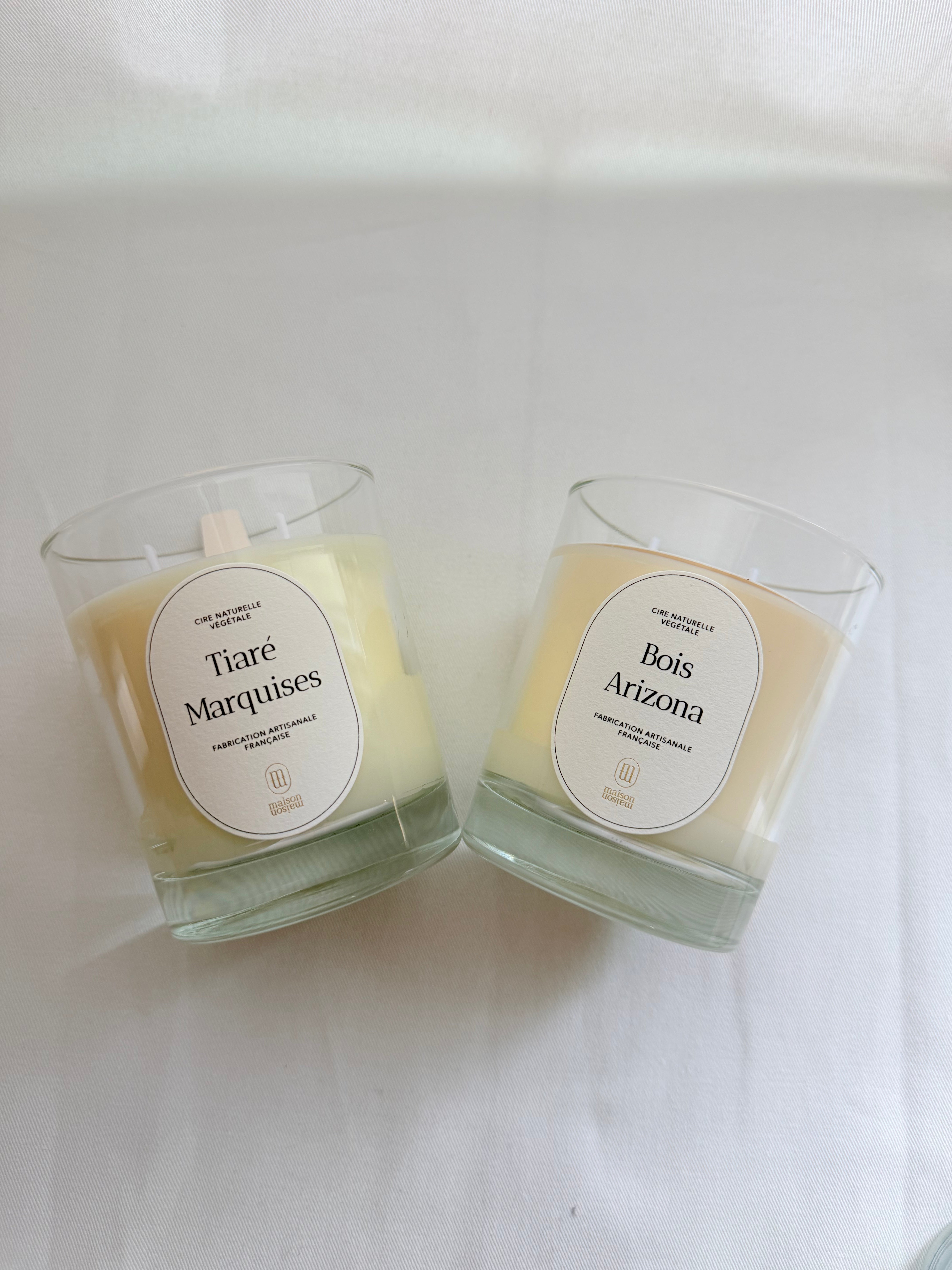 Les 2 bougies 220g "Bois Arizona" & "Tiaré Marquises"